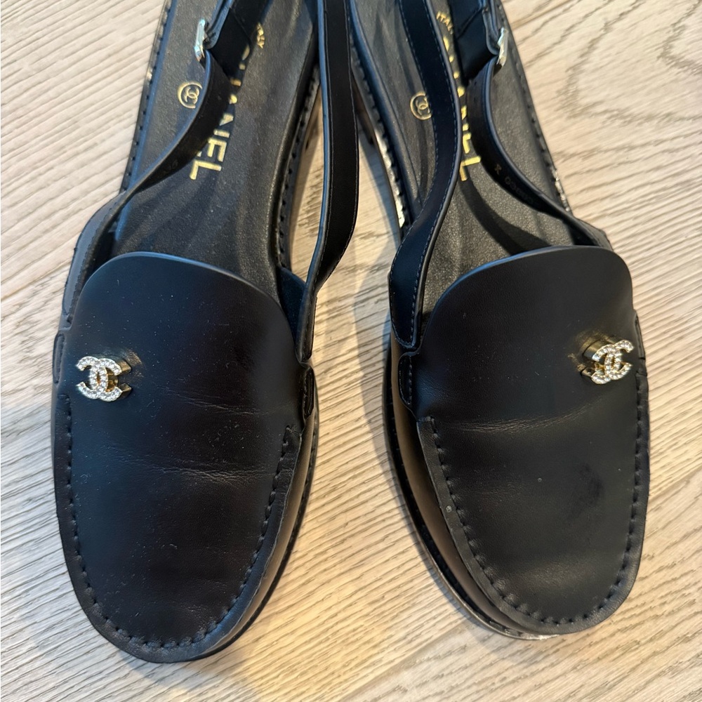 Black Leather Slingback  Loafers with Crystal Logo Accent